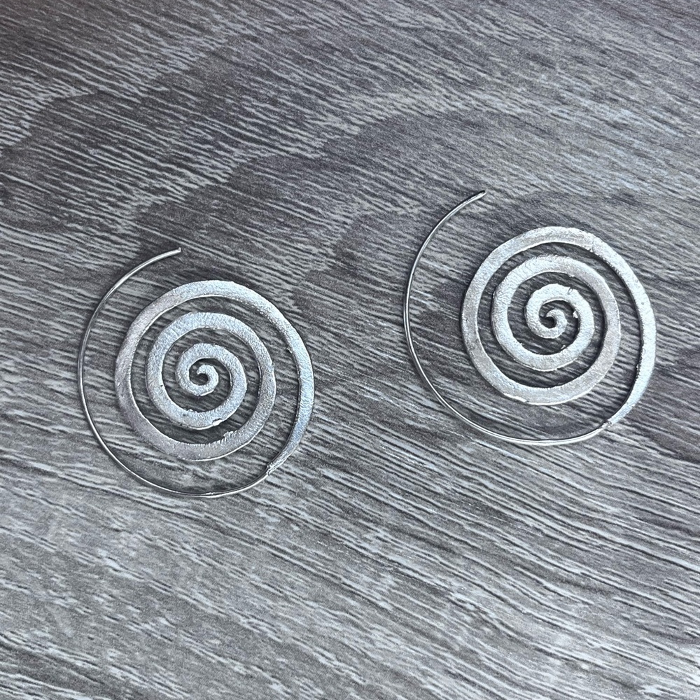 Silver Spiral Boho Hippie Hoop Earrings
